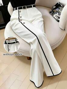 GlowEve CURVE Plus Size Women's Solid Color & Colorblock Wide Leg Pants With Striped Decor, Black Trim And Zipper Detail, Comfortable For Casual, Daily Wear And Commuting, French Style - Black and White - View 1