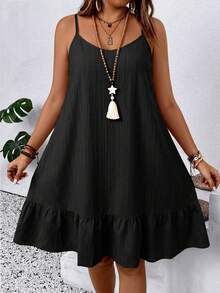 SHEIN LUNE CURVE Plus Size Women's Solid Color Ruffle Hem Cami Dress For Vacation - Black - View 1