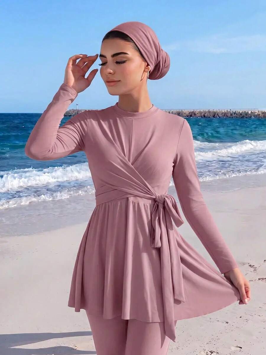 Veilorie Women's Solid Color Fabric Burkini Set For Beach Vacation Pink Summer Modest - Dusty Pink - View 1