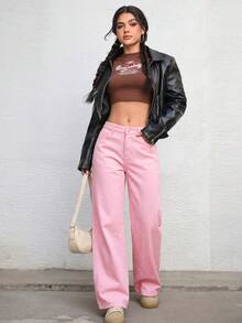 SHEIN ICON 女款口袋寬腿寬鬆休閒百搭牛仔長褲 - 賓治酒 - 查看 6