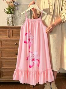 SHEIN Girls' Pink Spaghetti Strap Lace Hem Vacation Dress, Spring & Summer - Pink - View 5