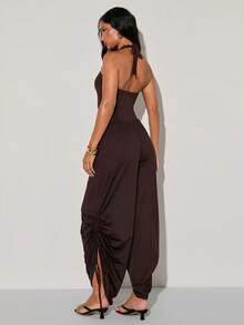 Normani Women's Solid Color Pleated Halter Jumpsuit Vacation Dark Brown Summer Sexy - Brown - View 6