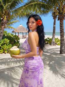 Sweetina 性感花卉印花不對稱金屬裝飾女款背心上衣，適合度假 - 淡紫色 - 查看 2