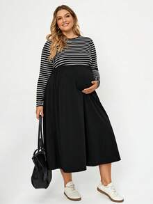 Plussiva Plus-Size Casual Maternity Dress – Black & White Color-Block ...