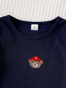 Genkimix Kids 女童可愛紅色熊刺繡棒球帽、皇家藍短袖羅紋上衣與休閒度假藍白羅紋寬腿喇叭褲套裝，適合休閒、度假與日常穿著 - 藍色 - 查看 2