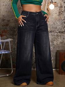 SHEIN EZwear 大尺碼女款寬鬆寬腿休閒牛仔褲，附口袋 - 黑色 - 查看 4