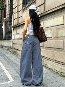 Coolane 女款夏秋街頭風 Disco Y2K 派對音樂電音外出休閒寬鬆低腰復古水洗棉質條紋寬腿藍色牛仔褲 - 中等水洗藍 - 查看 6
