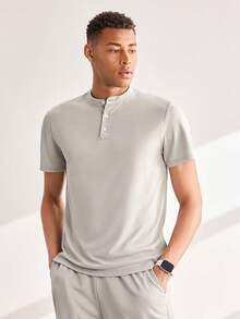 Driftmere Men's Polo Collar Sports Set, Includes Short Sleeve Polo Shirt & Shorts, Lightweight Breathable Fabric, Solid Color, Summer, With Pockets And Drawstring - Light Grey - View 4