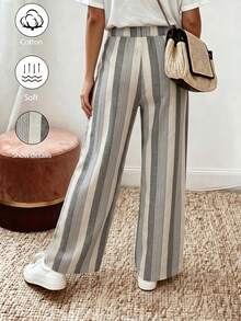 SHEIN LUNE Women's Autumn Casual Boho Cotton Blend Grey Striped Loose Fit Long Pants Suitable For Beach Vacation And Daily Commute - Grey - View 2