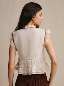CielaLinda Women's Ruffle V-Neck Lace Cutout Trim Blouse With Flutter Sleeves - Apricot - View 2