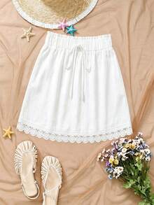 Roelina Women's Solid Color Vacation Style Drawstring Lace Trim High Waist Skirt Beach White Summer Cute Casual - White - View 1