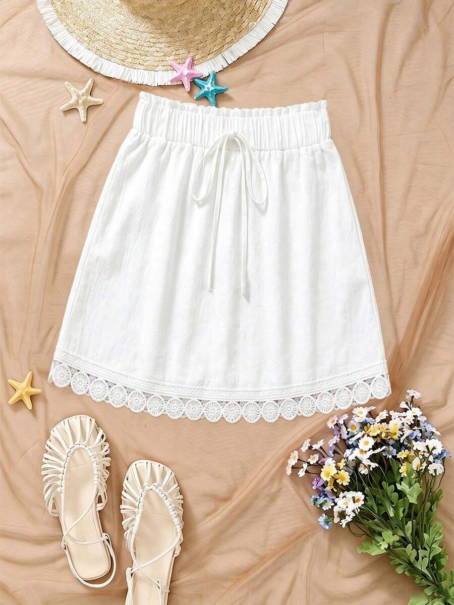 Roelina Women's Solid Color Vacation Style Drawstring Lace Trim High Waist Skirt Beach White Summer Cute Casual - White - View 1