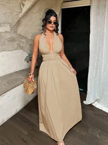 SHEIN SXY 女款純色深V領抓皺腰性感熱帶風掛脖長洋裝 夜出度假卡其色夏季 - 駝色 - 查看 4