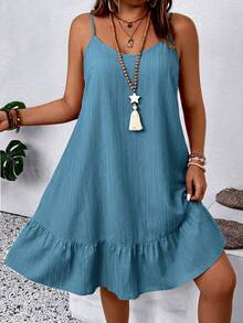 SHEIN LUNE CURVE Gaun Kasual Bertali Tipis untuk Liburan Ukuran Besar Warna Polos - Dusty Blue - View 4