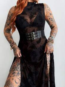 Whyspr Dark High Slit Sheer Long Black Asymmetrical Pattern Dress - Black - View 5
