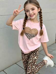 (Random 5 Sets, Send 1 Set) Summer Girls' Shining Leopard Pattern Love Bow Cherry Pattern Printed Basic Short T Plus Bottom Pants Set - Multicolor - View 5
