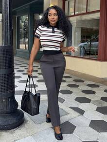 Alexandranx Contrast Striped Polo Collar Short Sleeve Fitted Casual Formal Spring/Autumn Knit Top For Women Summer White - White - View 1