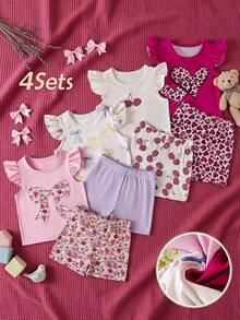 SHEIN Playful Pals 4套幼童女嬰可愛豹紋花卉蝴蝶結荷葉袖軟綿兩件式套裝 夏季短褲上衣套裝 度假海灘穿搭 粉色白色 - 彩色 - 查看 9