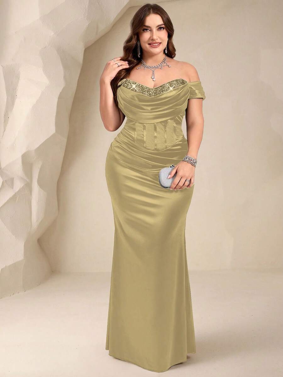Coutiva Vestido de noche formal elegante con bloque de color, hombros descubiertos y cintura fruncida para mujer de talla grande - Amarillo - Ver 1