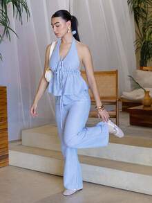 Andrea Bello Women 2 Pieces Set:Striped Print Twist Backless Halter Top And Drawstring Pants, Casual Summer Elegant - Blue - View 5
