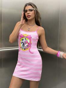 THE POWERPUFF GIRLS X SHEIN Women's Striped Cartoon Print Casual Daily Short Strap Dress - Pink - View 6