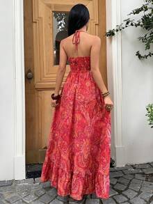 Sunnyshic Women's Elegant Halter Neck Dress - Fiery Red - View 2