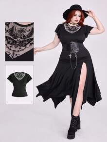 ROMWE Plus Size Women Gothic Botanical Moth Moon Sun Mushroom Print Mesh Patchwork Embroidered Deep V-Neck Ruffle Sleeve T-Shirt - Black - View 8