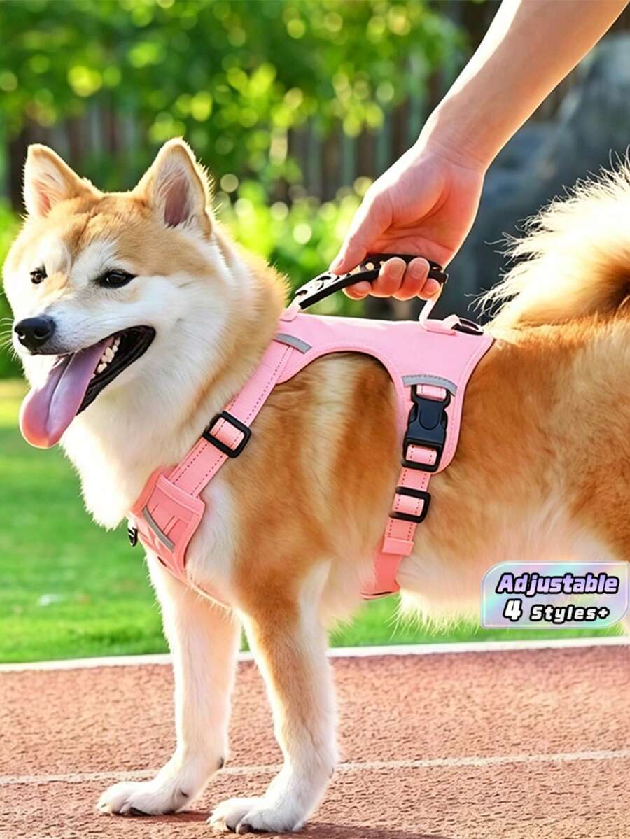 1 Pc Night Reflective Pet Harness, Lightweight Breathable Lining Dog Chest Strap With Comfort Top Handle, Slide Adjustable Buckles, For Walking Training Hiking - Pink - View 1