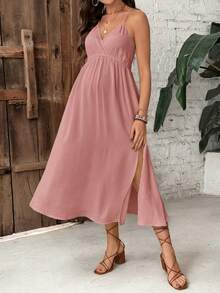 SHEIN Maternity Solid Color Casual Side Slit Spaghetti Strap Dress - Dusty Pink - View 4