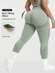 SHEIN Rhythm Era Lange nahtlose Yoga-Leggings mit hoher Taille und Po-Hebe-Effekt in Pfirsich für Damen, Fitness, Laufen und Workout - Armeegrün - Übersicht 1