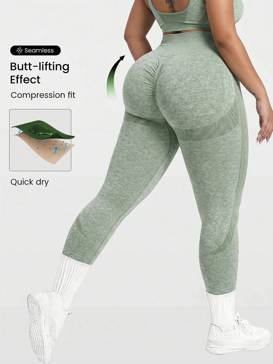 SHEIN Rhythm Era Lange nahtlose Yoga-Leggings mit hoher Taille und Po-Hebe-Effekt in Pfirsich für Damen, Fitness, Laufen und Workout - Armeegrün - Übersicht 1