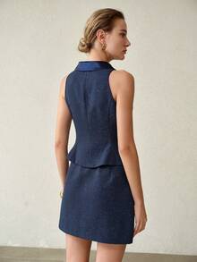 MOTF PREMIUM ELEGANT STARRY SATIN LARGE LAPEL SLEEVELESS ASYMMETRICAL SHOULDER WAIST-CINCHING FLARE HEM VEST DINNER OFFICE NAVY BLUE AUTUMN - Blue - View 10
