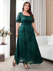 Reflora Plus Size Women Square Neck Jacquard Pleated Casual Party Dress - Dark Green - View 5