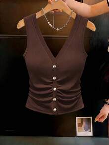 GlowEve Slimming Waist Exquisite Elegant Versatile Commute Vintage Knit Fashion Women's Vest - Brown - View 1