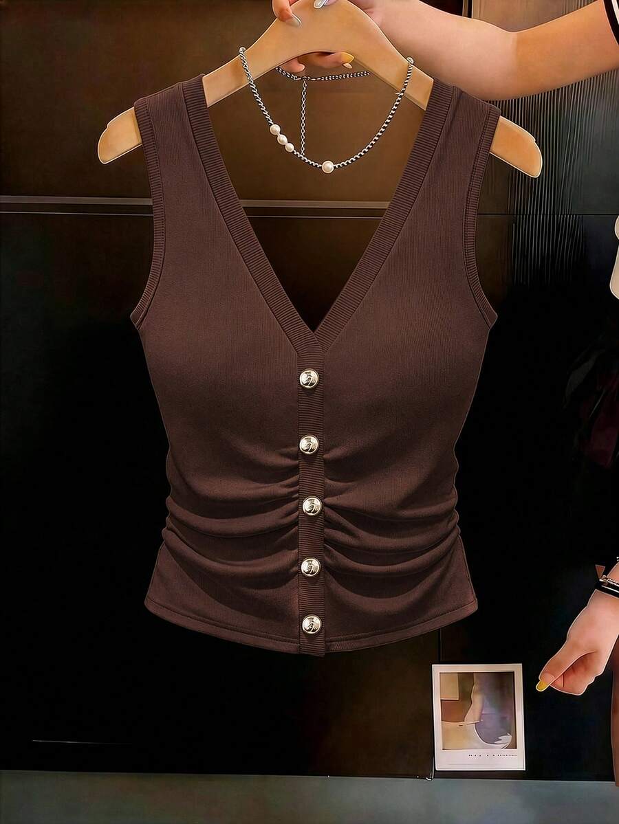 GlowEve Slimming Waist Exquisite Elegant Versatile Commute Vintage Knit Fashion Women's Vest - Brown - View 1
