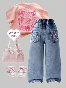 SHEIN Elladie kids 女童牛仔長褲，四季新款，時尚休閒，復古中藍色牛仔，彈性腰帶不對稱設計，後口袋蝴蝶結刺繡圖案，時尚直筒版型，柔軟舒適面料，日常百搭時尚風格，春/秋新款女童牛仔長褲 - 中等水洗藍 - 查看 4