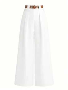 SHEIN Tall CURVE 加大码 TALL 系列女士简约褶裥直筒裤，适合通勤 - 白色 - 查看 6