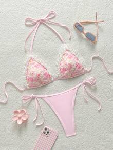 Soleia Vacation Beach Floral Embroidered Bikini Set Bathing Suit For Women Pink Summer Cute - Pink - View 1