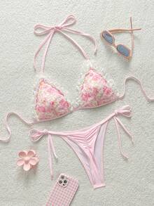 Soleia Vacation Beach Floral Embroidered Bikini Set Bathing Suit For Women Pink Summer Cute - Pink - View 4