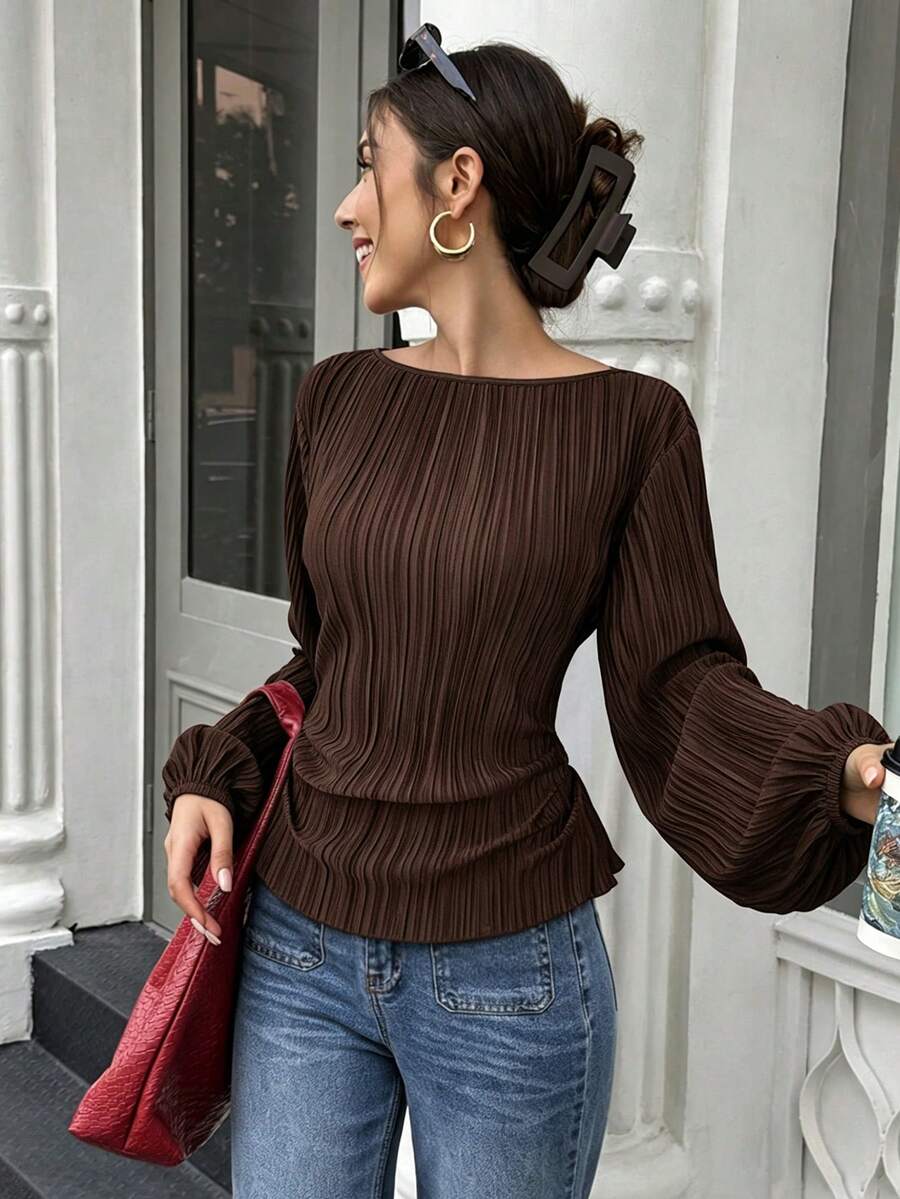 SHEIN LUNE 秋冬款露肩圆孔喇叭袖收腰抽绳套头衫 - 黑色 - 查看 1
