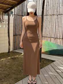 DAZY 女款純色百褶優雅收腰細肩帶夏季派對洋裝 - 棕色 - 查看 6