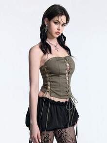 ROMWE Y2K Women's Solid Color Sexy Eyelet Tie Design Fashion Versatile Date Club Concert Outing Bandeau Top Halloween Olive Green Summer - Army Green - View 3
