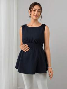 Momance Maternity Solid Color Shoulder Tie Waist Shirred Tank Top - Navy Blue - View 4