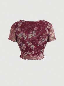 SHEIN MOD 大尺碼花卉印花短版打褶繫帶蝴蝶結T恤 - 中紫紅色 - 查看 2