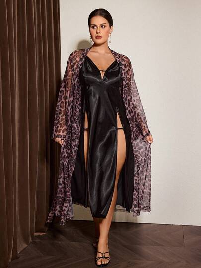Slumberist Sexy Mesh Leopard Print Satin High Slit Cami Nightgown And Plus Size Robe 2 Pieces Set