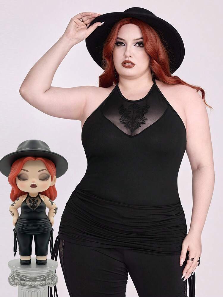 ROMWE Goth Body sexy gótico oscuro de malla transparente con estampado de serpiente bordado, cintura ceñida y cuello halter - Negro - Añade 5