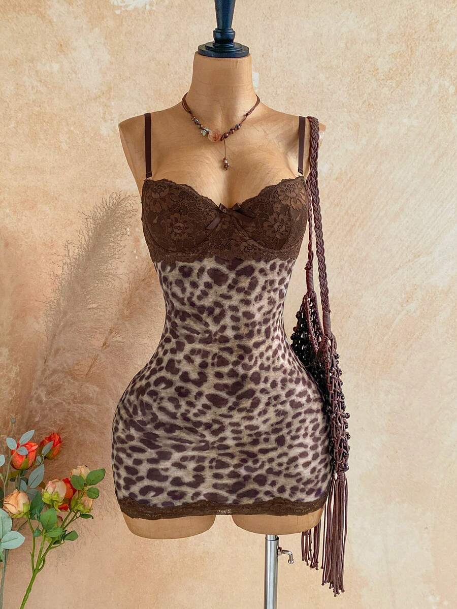 Soleia Plus Size Women's Lace Patchwork Leopard Print Sexy Date Party Spaghetti Strap Dress - Multicolor - View 1