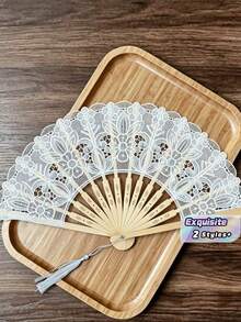Abanico de mano de encaje de 9 pulgadas color marfil, estilo victoriano, adecuado para ceremonia de boda, estilo rústico bohemio, pequeños regalos de boda, regalos para la fiesta de la novia, regalos para damas de honor, accesorios para baile de graduación y mascarada - multicolor - Ver 1