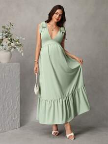 Momance Robe de maternité élégante sans manches avec col en V profond et nœud aux épaules, couleur unie - Vert - Voir 6
