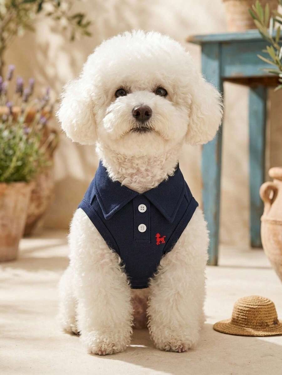 PETSIN 1件 春夏寵物素色刺繡短袖POLO衫背心上衣 - 藏蓝色 - 查看 1